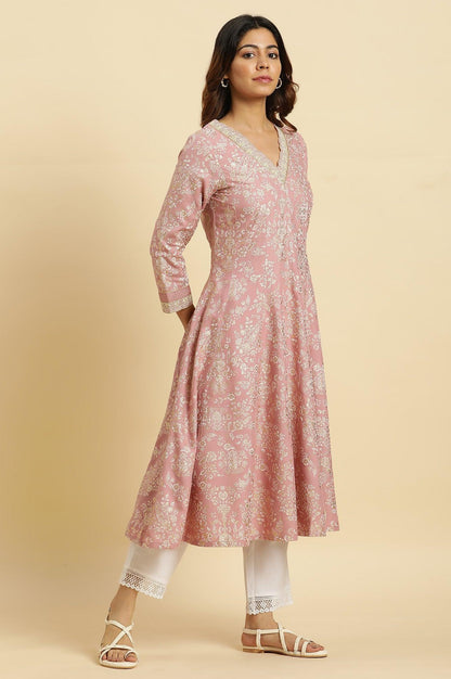W for Woman Pink Floral Foil Printed Flared Kurta