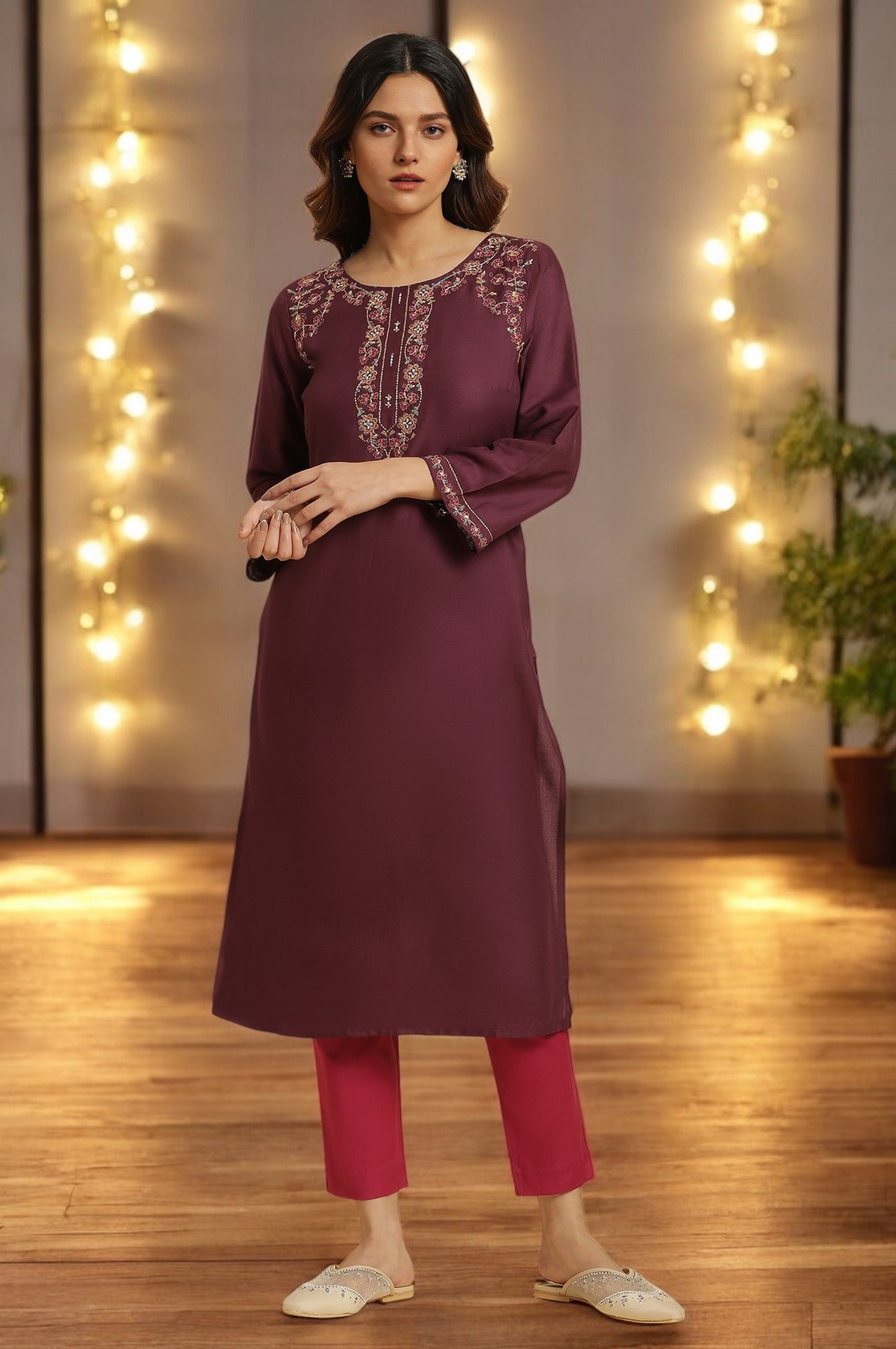 W for Woman Purple Zari Embroidered Rayon Straight festive Kurta