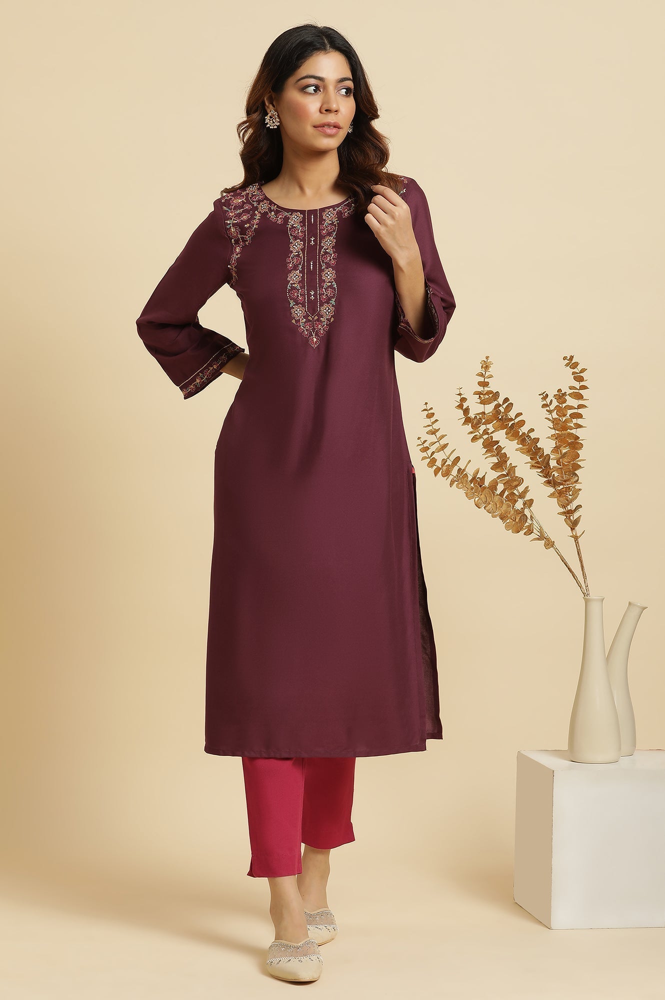 W for Woman Purple Zari Embroidered Rayon Straight festive Kurta