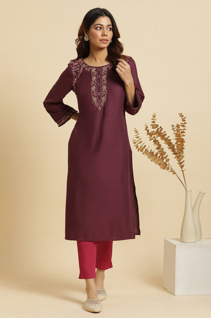 W for Woman Purple Zari Embroidered Rayon Straight festive Kurta