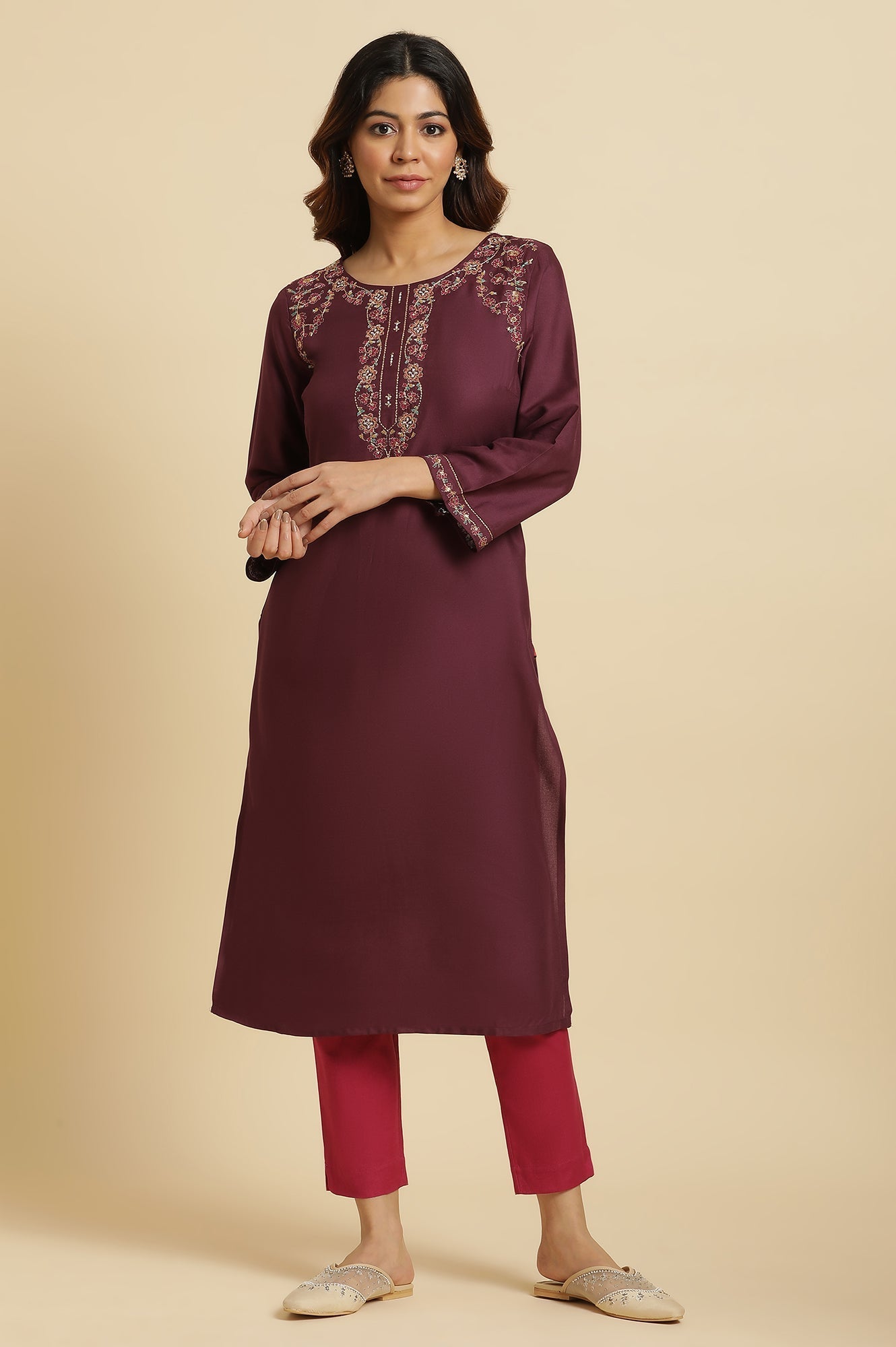W for Woman Purple Zari Embroidered Rayon Straight festive Kurta