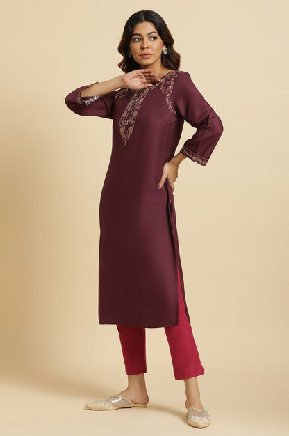 W for Woman Purple Zari Embroidered Rayon Straight festive Kurta