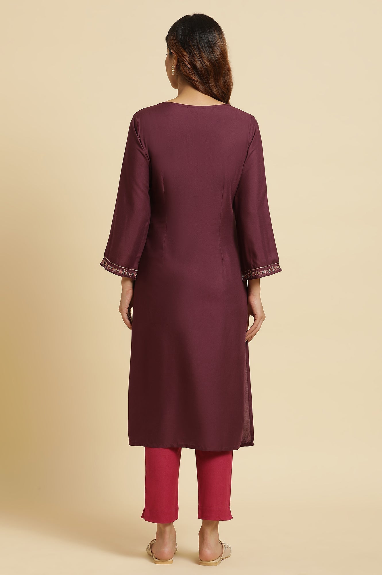 W for Woman Purple Zari Embroidered Rayon Straight festive Kurta