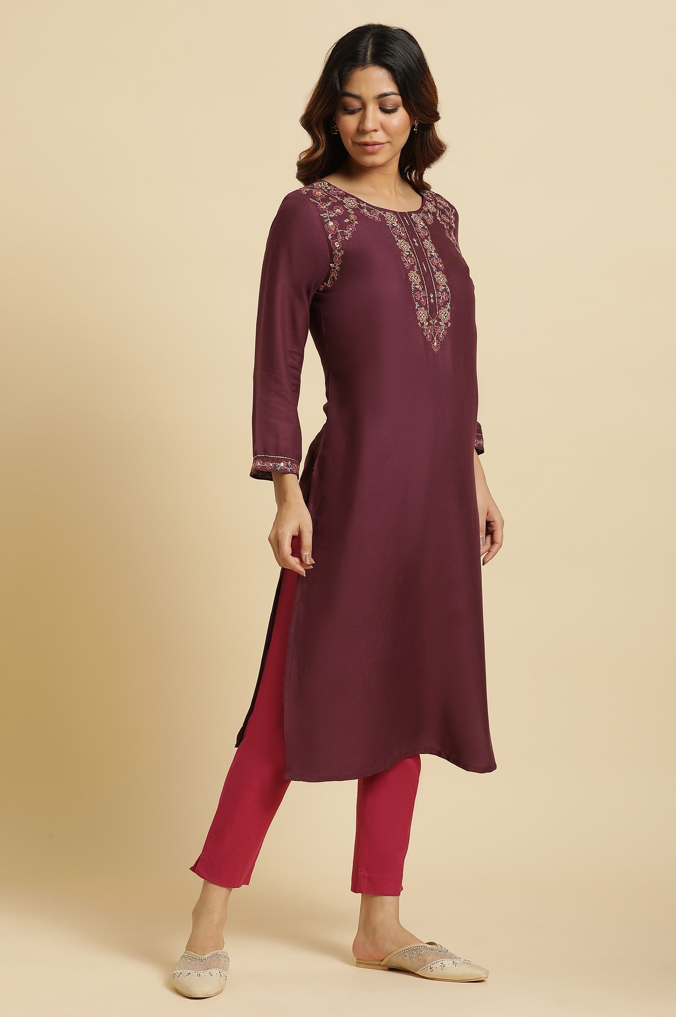 W for Woman Purple Zari Embroidered Rayon Straight festive Kurta