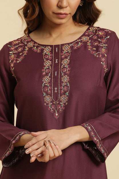 W for Woman Purple Zari Embroidered Rayon Straight festive Kurta