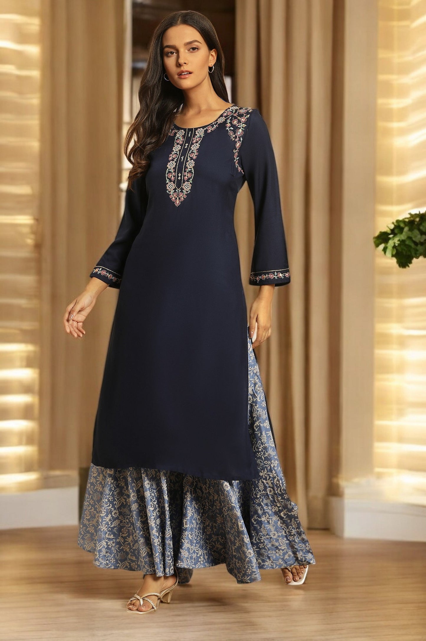 W for Woman Blue Chunky Thread Embroidered Straight Festive Kurta