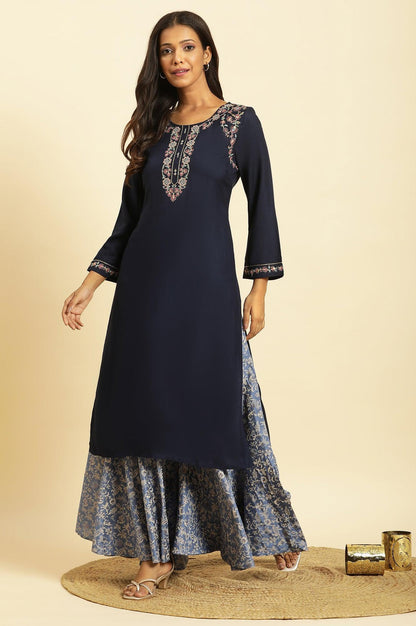 W for Woman Blue Chunky Thread Embroidered Straight Festive Kurta