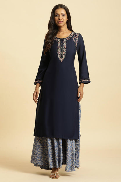 W for Woman Blue Chunky Thread Embroidered Straight Festive Kurta