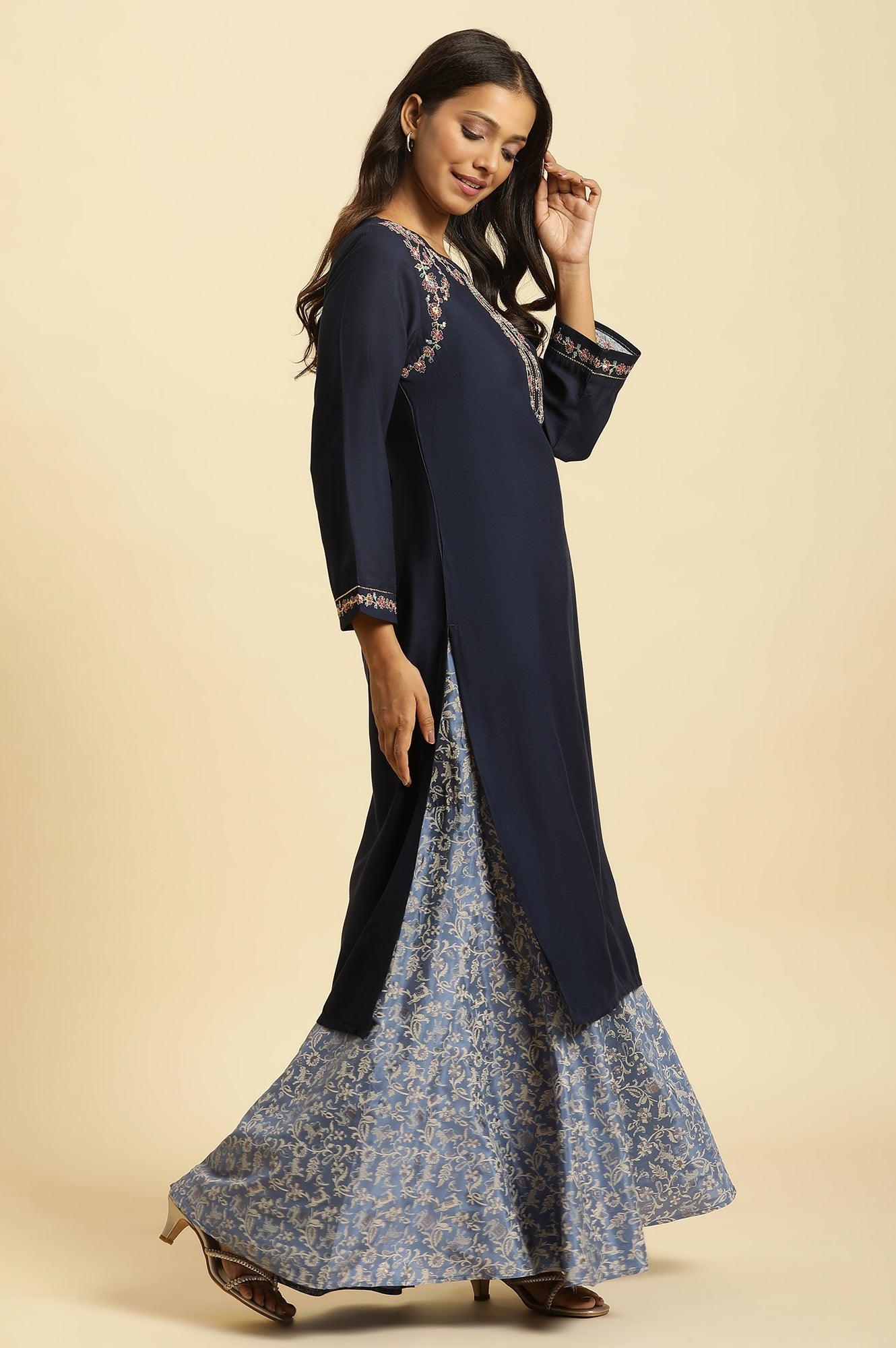 W for Woman Blue Chunky Thread Embroidered Straight Festive Kurta
