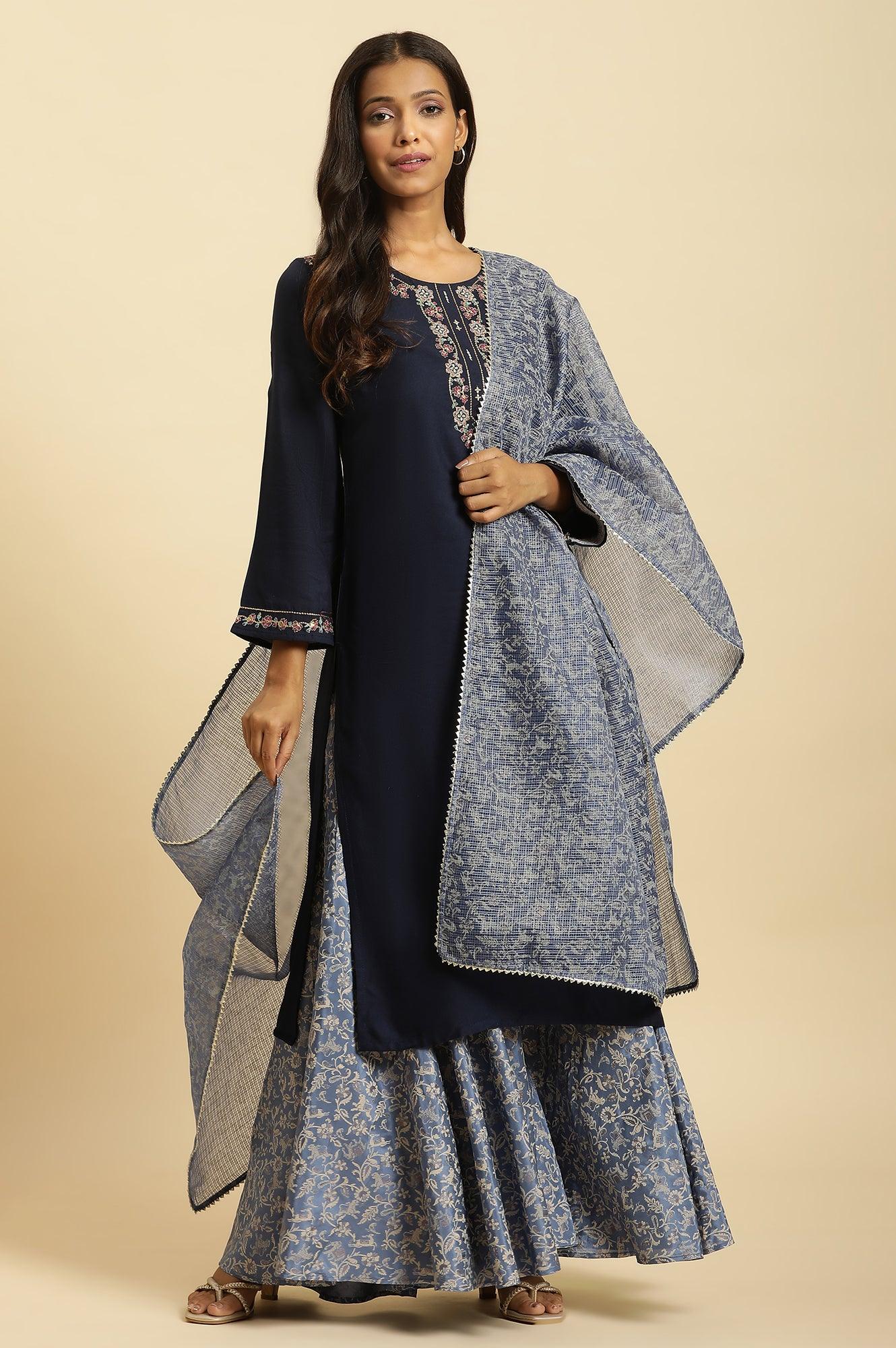 W for Woman Blue Chunky Thread Embroidered Straight Festive Kurta