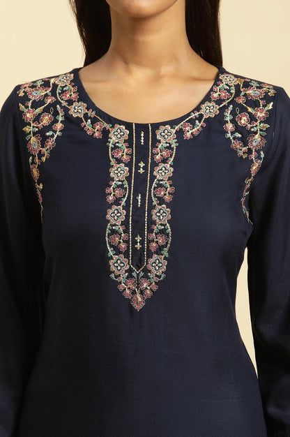 W for Woman Blue Chunky Thread Embroidered Straight Festive Kurta