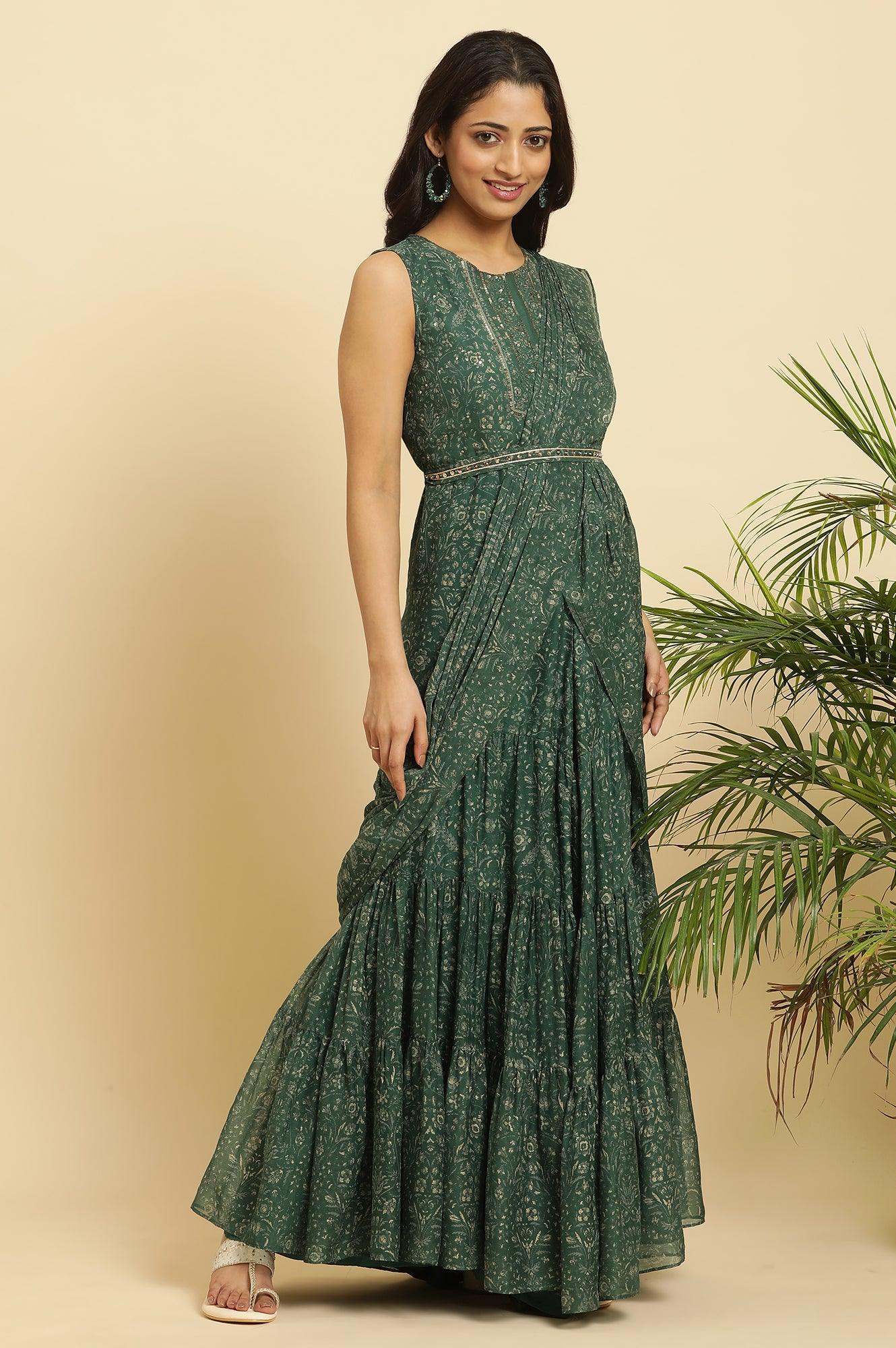 W for Woman Green Foil?Printed Chiffon Sharara Saree Dress with Belt