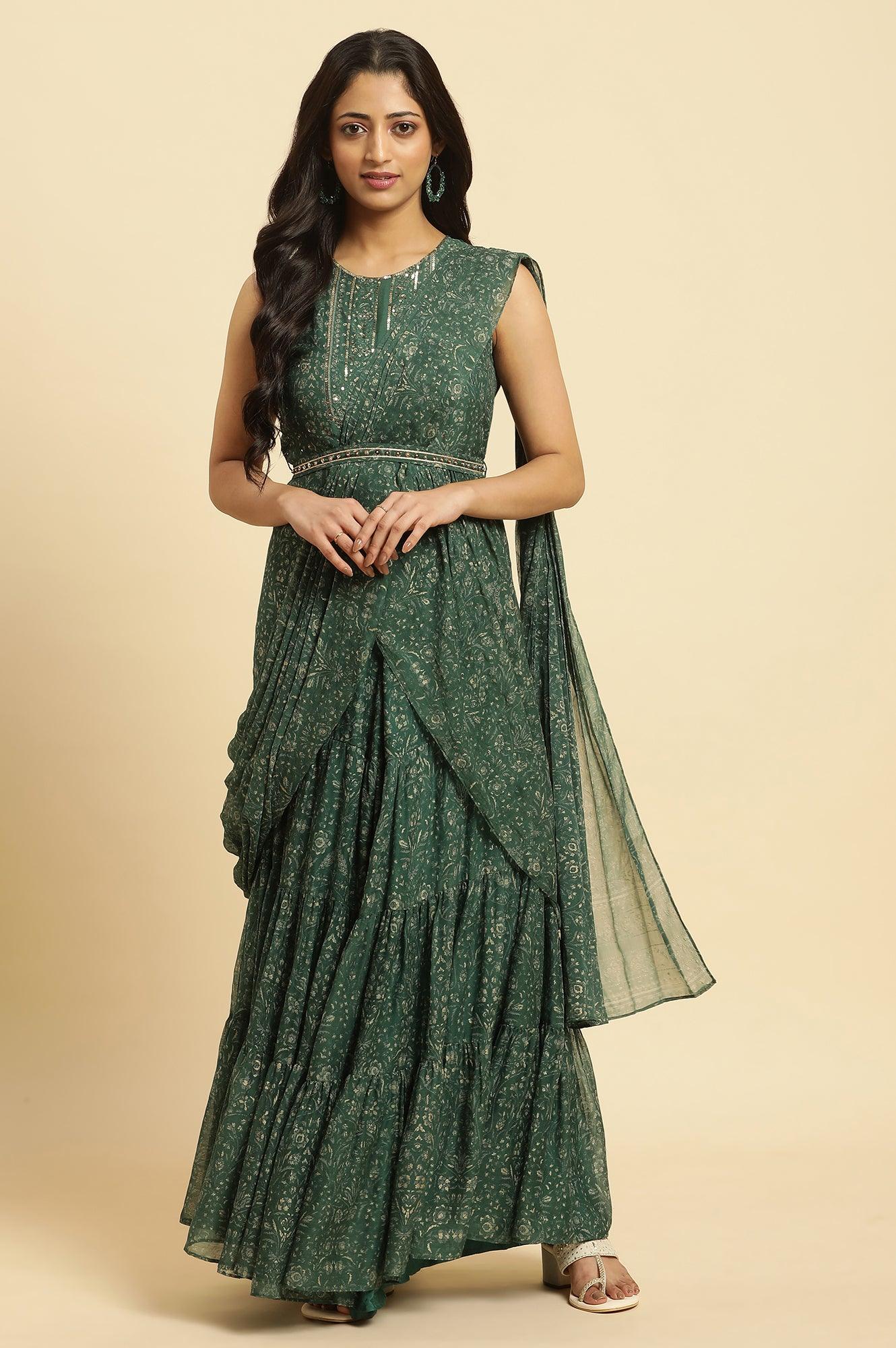 W for Woman Green Foil?Printed Chiffon Sharara Saree Dress with Belt