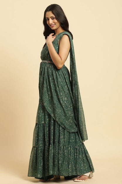 W for Woman Green Foil?Printed Chiffon Sharara Saree Dress with Belt