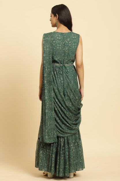 W for Woman Green Foil?Printed Chiffon Sharara Saree Dress with Belt
