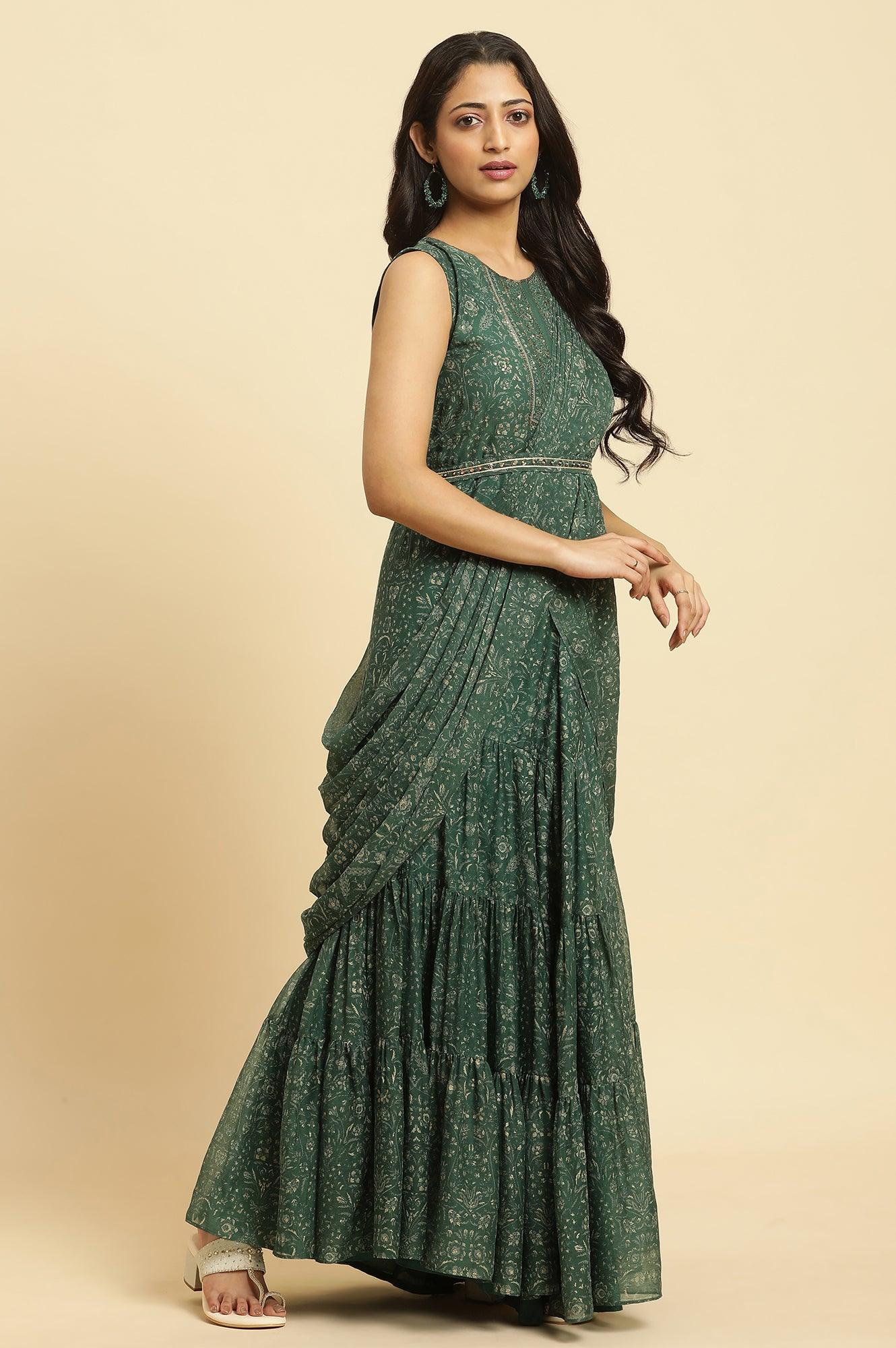 W for Woman Green Foil?Printed Chiffon Sharara Saree Dress with Belt