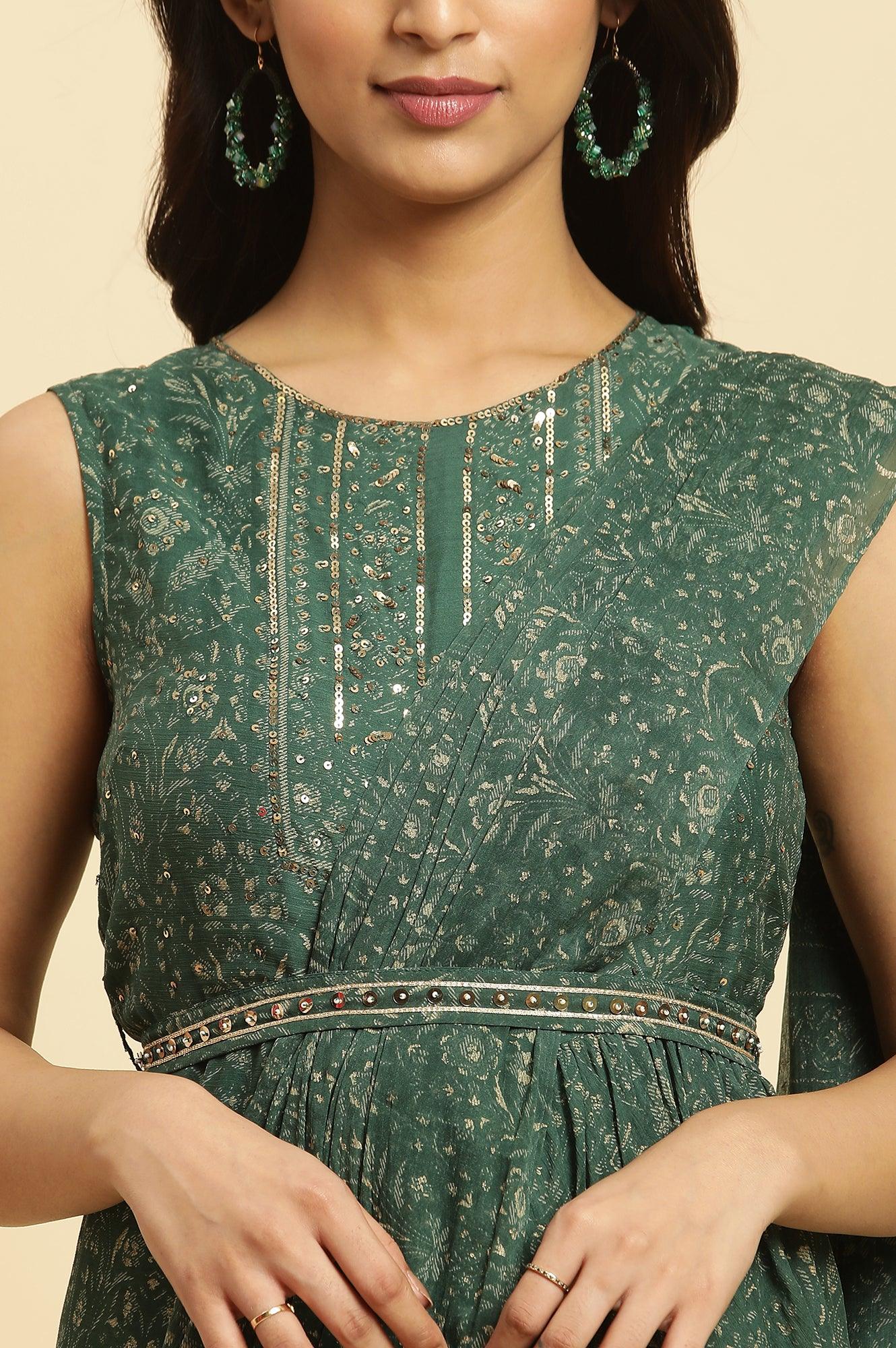 W for Woman Green Foil?Printed Chiffon Sharara Saree Dress with Belt