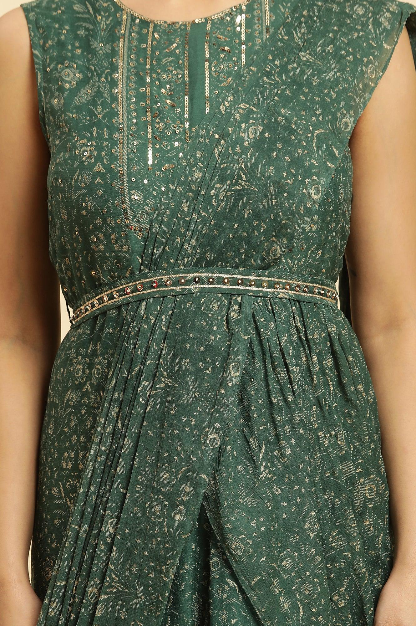W for Woman Green Foil?Printed Chiffon Sharara Saree Dress with Belt