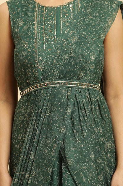 W for Woman Green Foil?Printed Chiffon Sharara Saree Dress with Belt