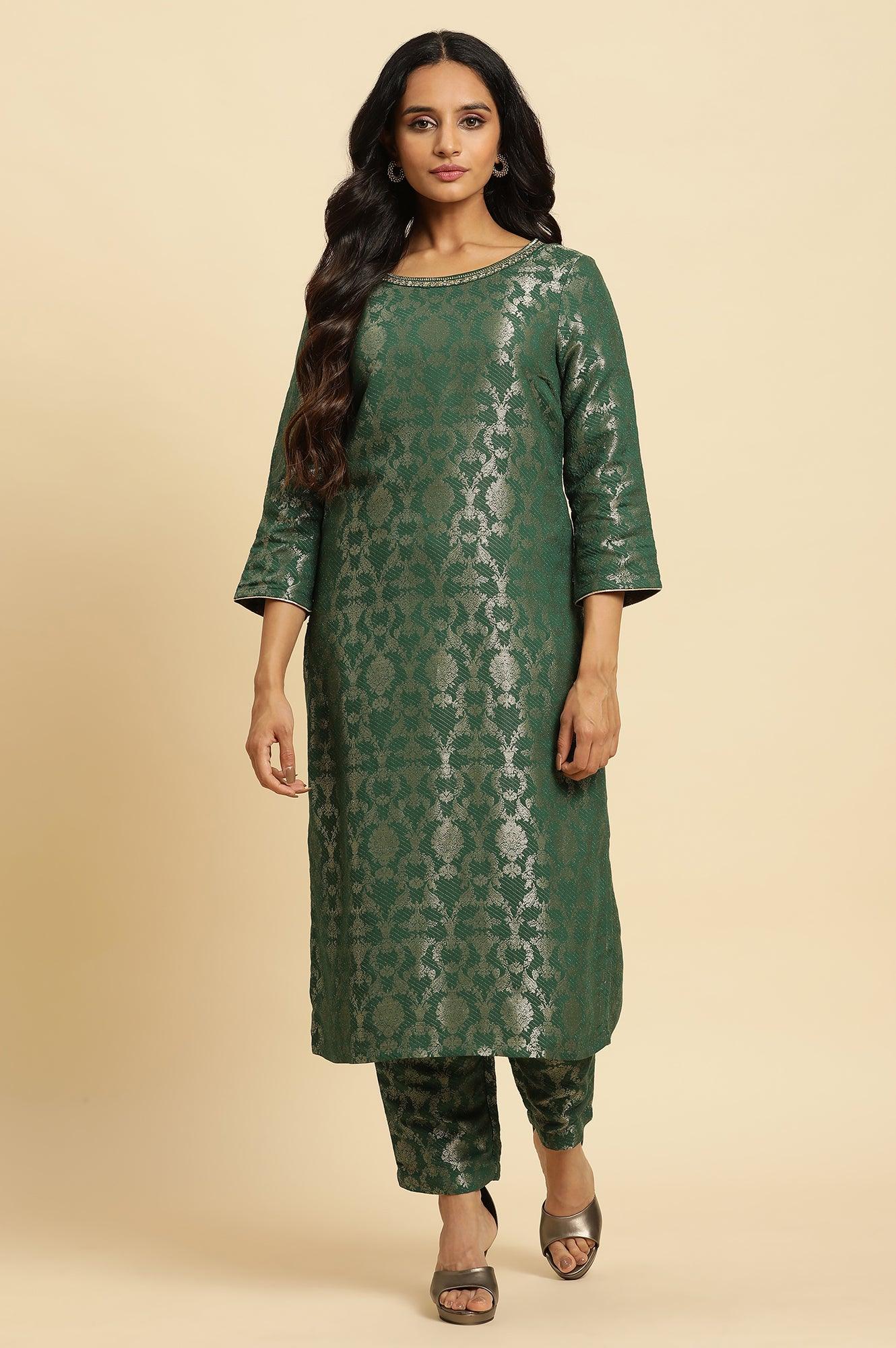 W for Woman Green Rayon Jacquard Festive Kurta