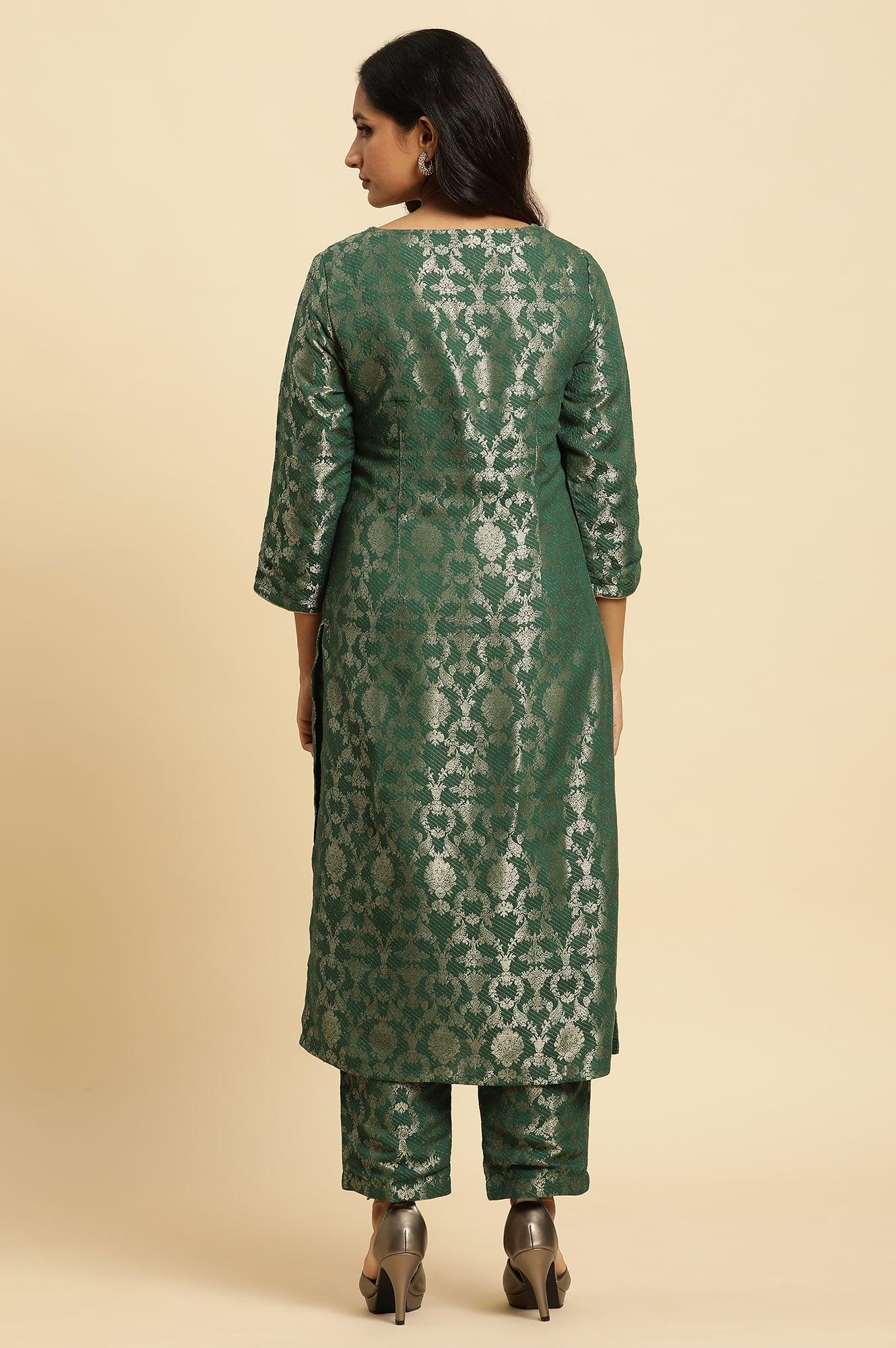 W for Woman Green Rayon Jacquard Festive Kurta