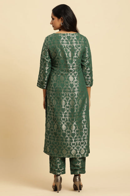 W for Woman Green Floral Jacquard Metallic Embroidery Straight Rayon Kurta