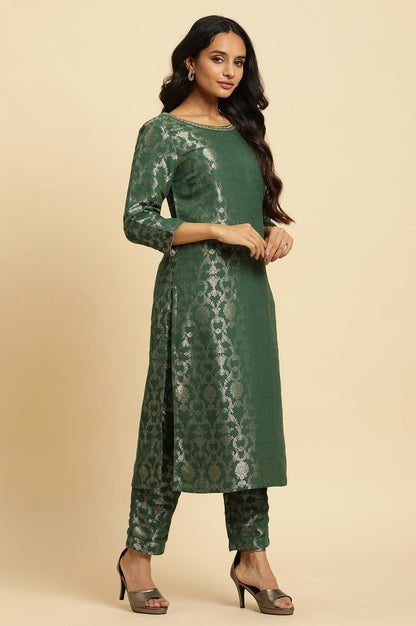 W for Woman Green Floral Jacquard Metallic Embroidery Straight Rayon Kurta