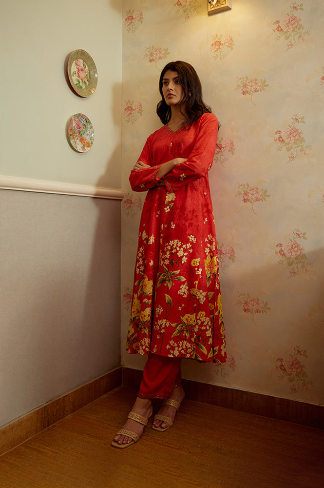 W for Woman Red Floral Printed Flared Kurta