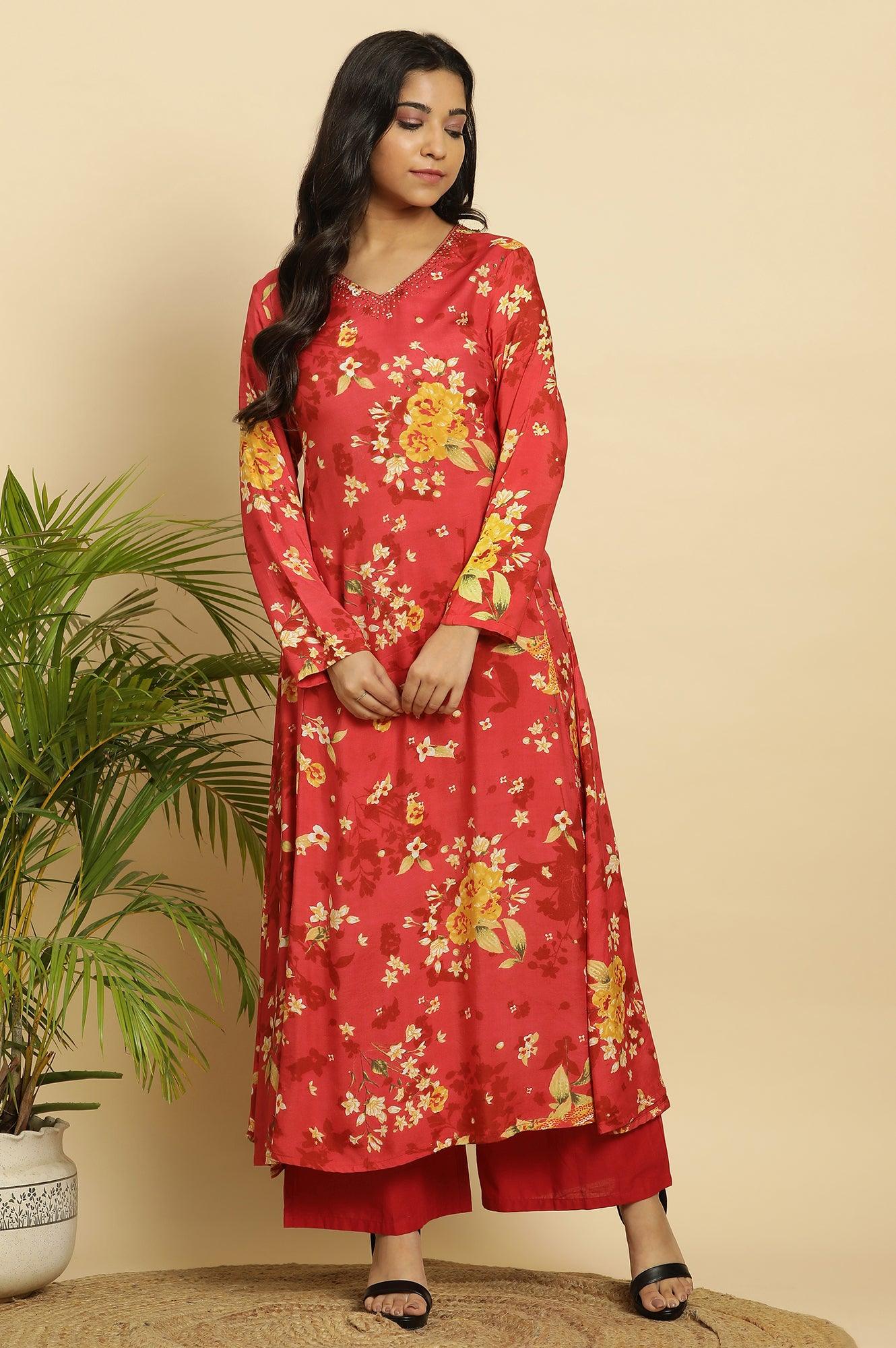 W for Woman Red Floral Printed Flared Kurta