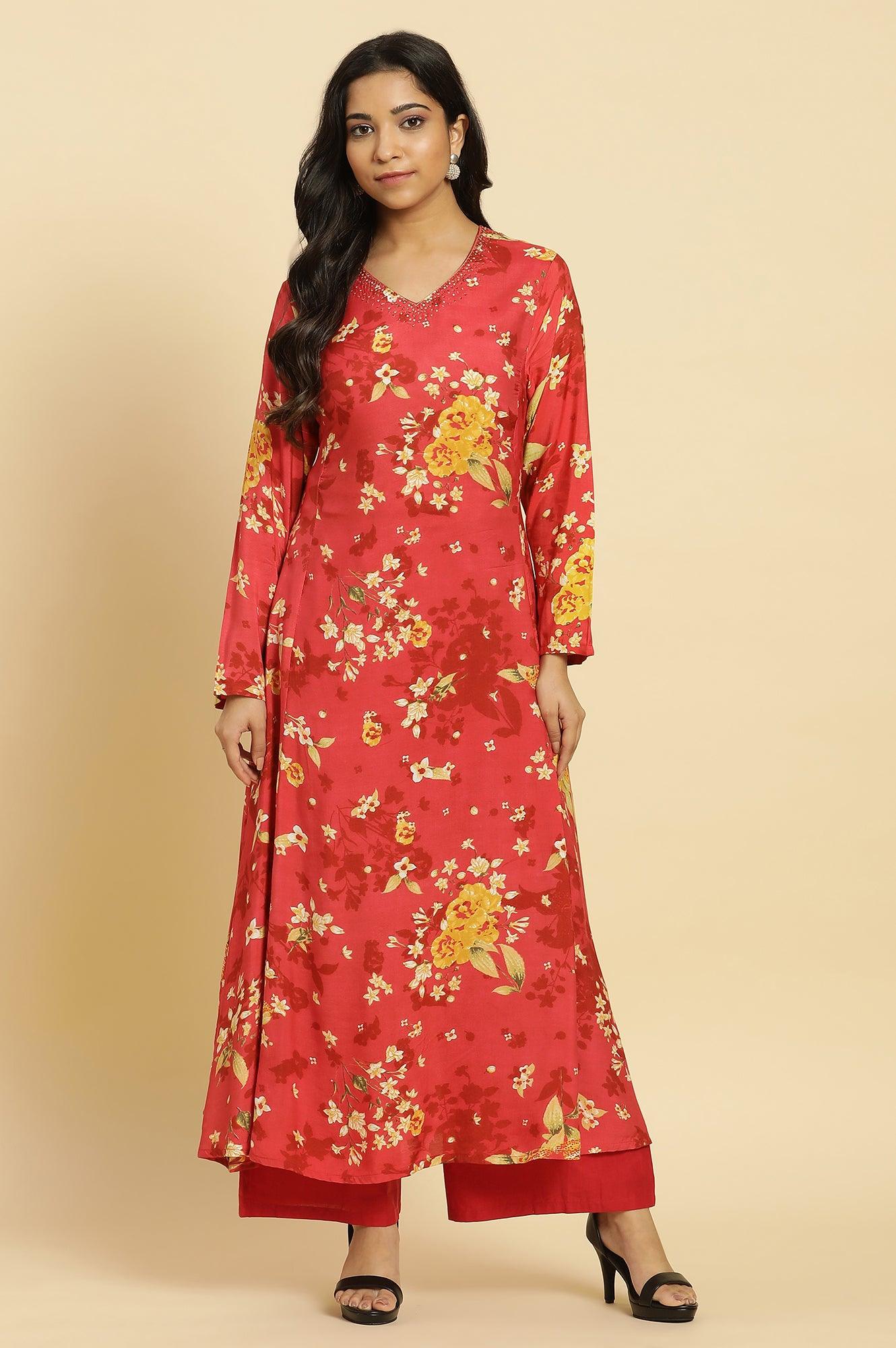 W for Woman Red Floral Printed Flared Kurta