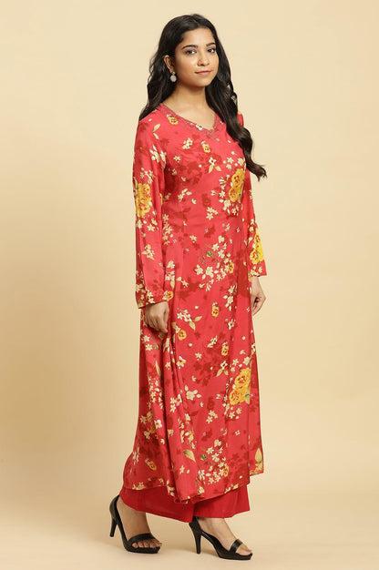 W for Woman Red Floral Printed Flared Kurta