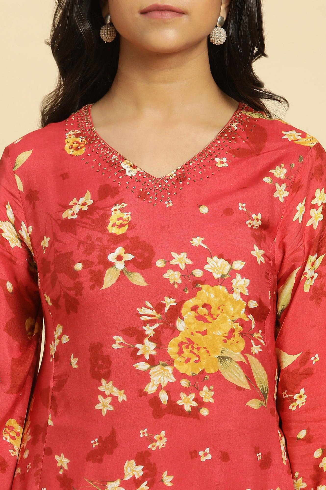 W for Woman Red Floral Printed Flared Kurta