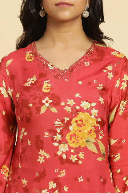 W for Woman Red Floral Printed Flared Kurta