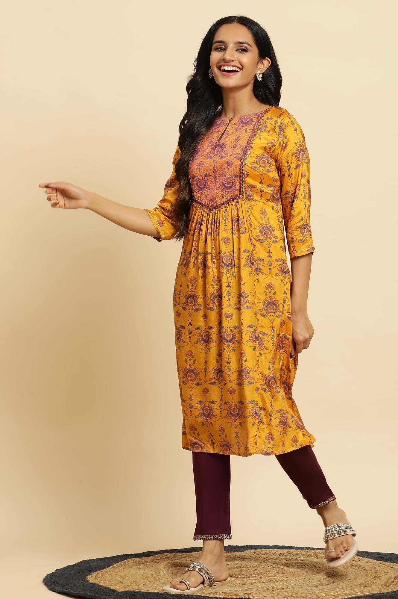 W for Woman Yellow Shantung Kurta with Chunky Embellishment