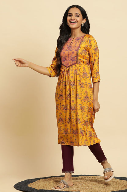 W for Woman Yellow Shantung Kurta with Chunky Embellishment