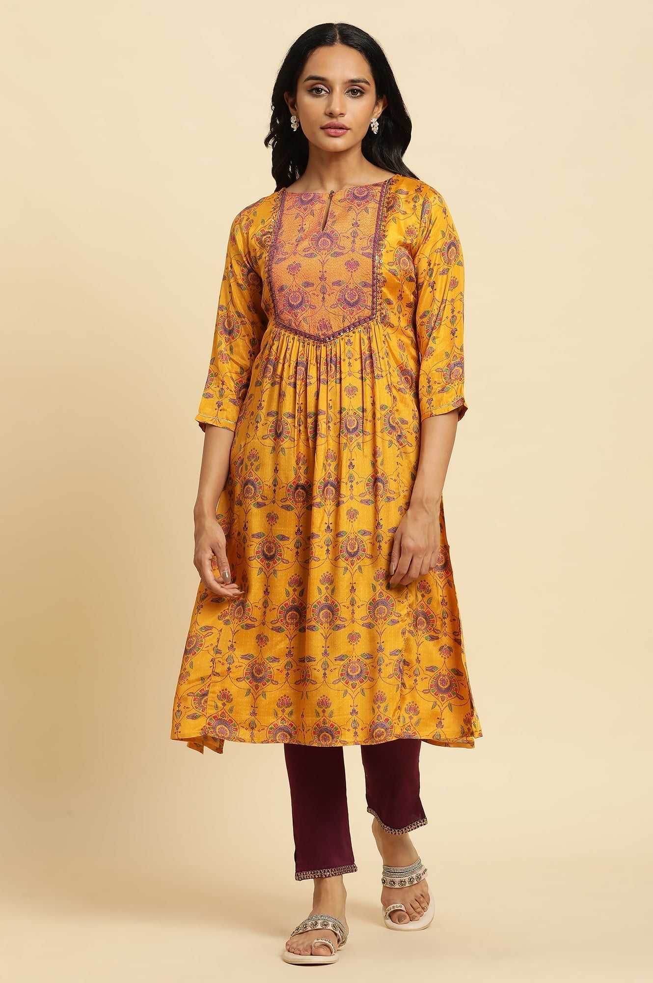 W for Woman Yellow Floral Printed Sequined Shantung Straight Kurta