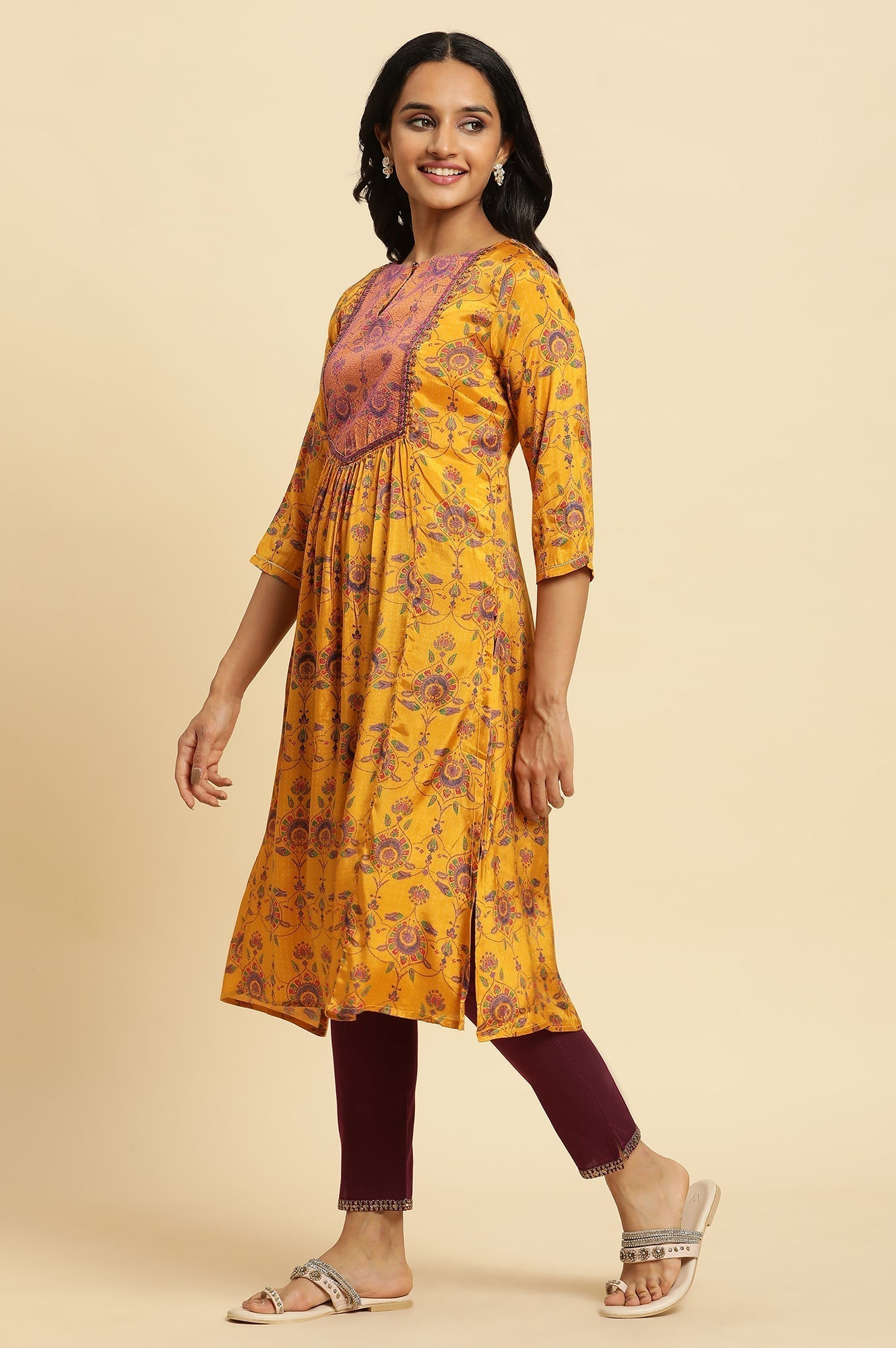 W for Woman Yellow Floral Suzani Print Sequined Straight Shantung Kurta