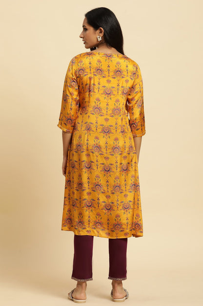 W for Woman Yellow Floral Printed Sequined Shantung Straight Kurta