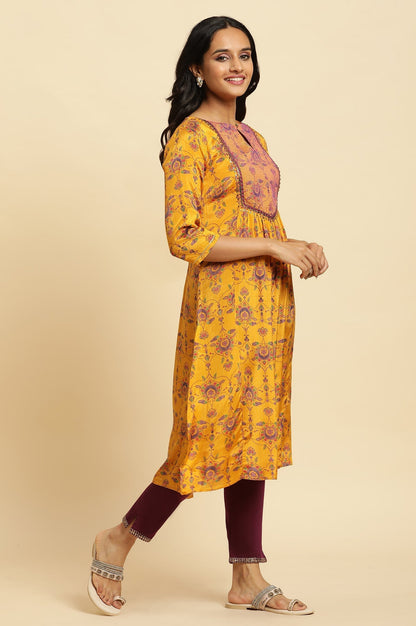 W for Woman Yellow Floral Suzani Print Sequined Straight Shantung Kurta