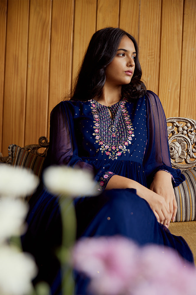 W for Woman Navy Blue Chiffon Gathered Dress with Embroidered Yoke