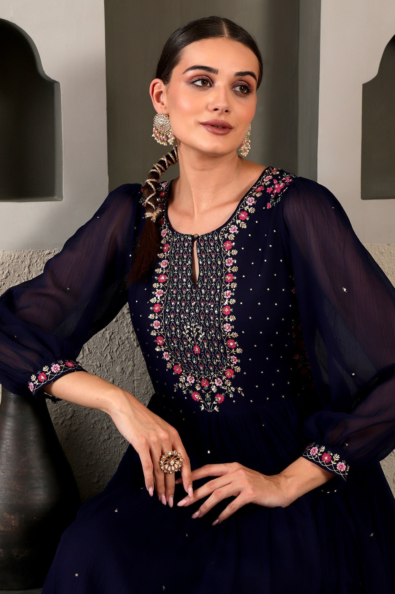 W for Woman Navy Blue Chiffon Gathered Dress with Embroidered Yoke