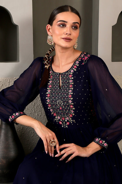 W for Woman Navy Blue Chiffon Gathered Dress with Embroidered Yoke