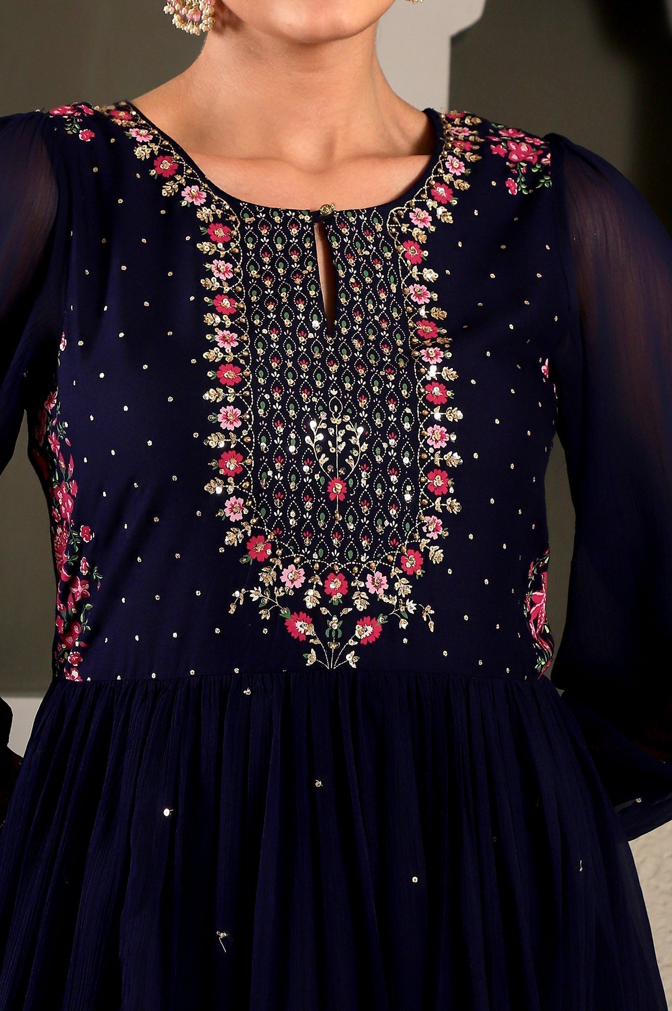 W for Woman Navy Blue Chiffon Gathered Dress with Embroidered Yoke