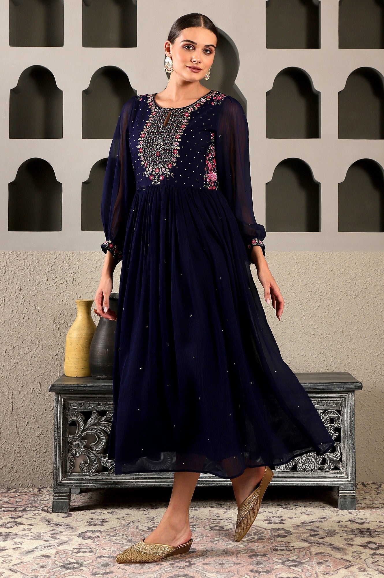 W for Woman Navy Blue Chiffon Gathered Dress with Embroidered Yoke