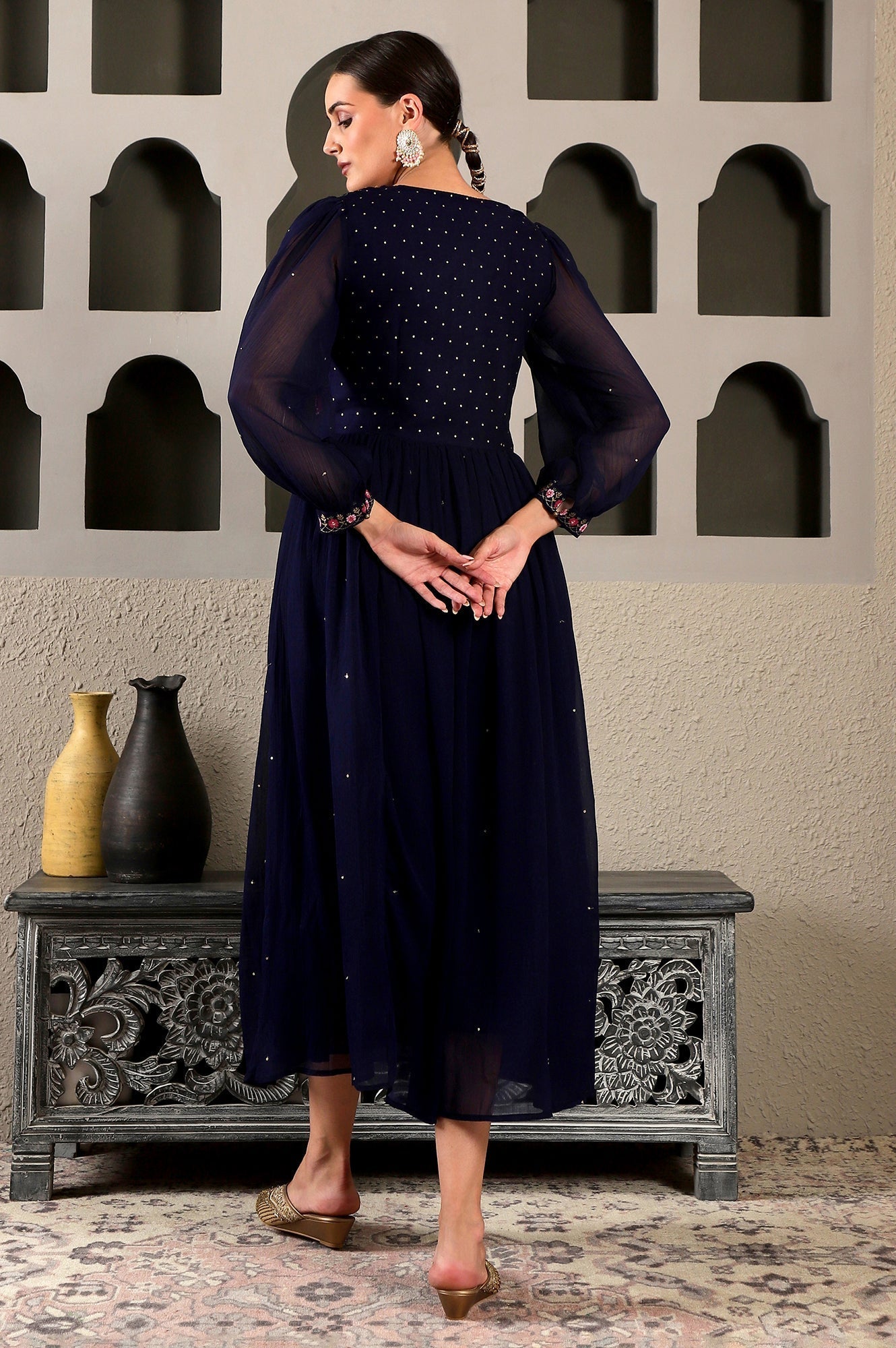 W for Woman Navy Blue Chiffon Gathered Dress with Embroidered Yoke