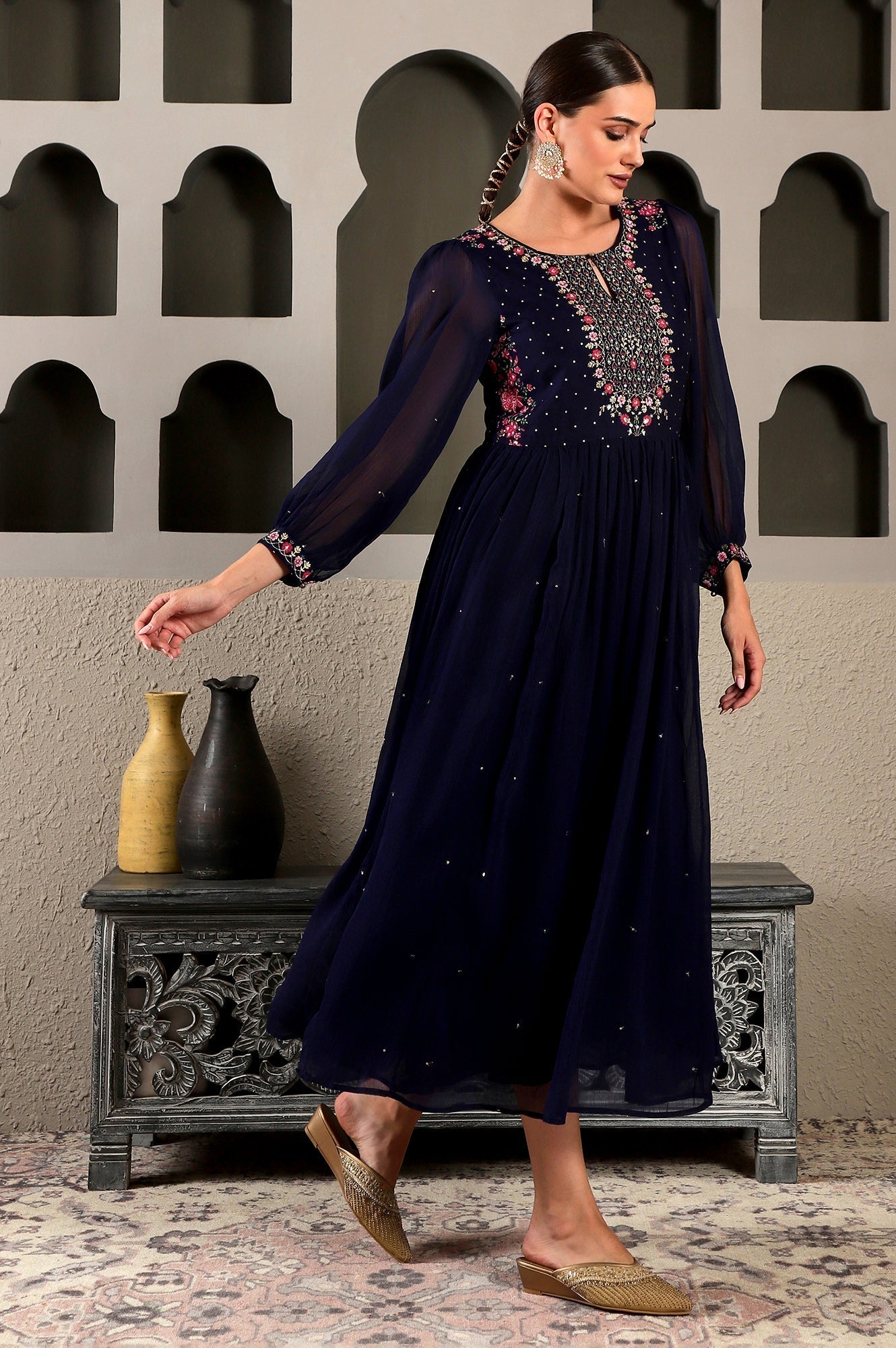 W for Woman Navy Blue Chiffon Gathered Dress with Embroidered Yoke