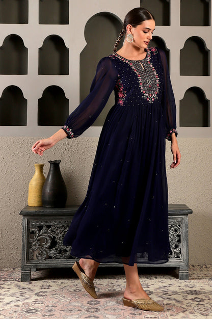W for Woman Navy Blue Chiffon Gathered Dress with Embroidered Yoke