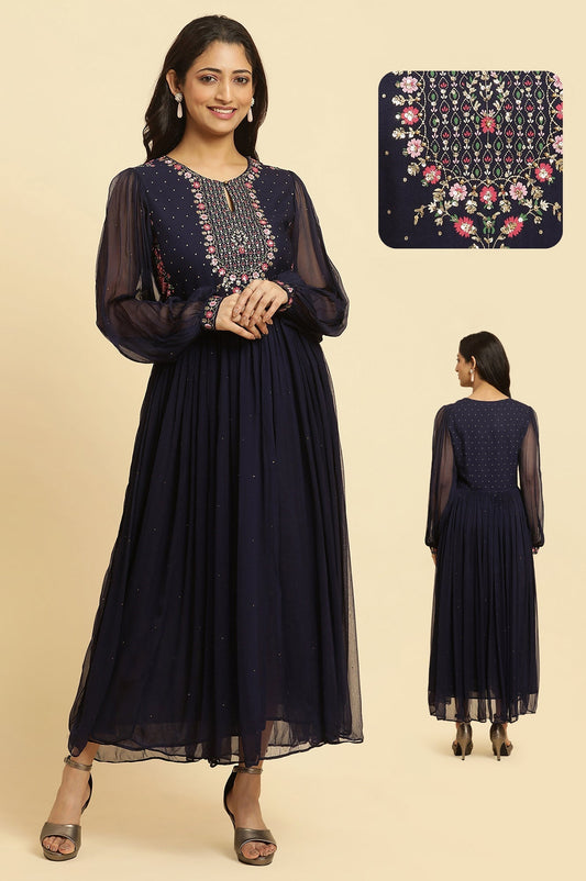 W for Woman Navy Blue Chiffon Gathered Dress with Embroidered Yoke