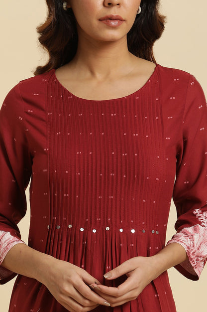 W for Woman Maroon Geometric Printed Flared Kurta with Straight Pant Set