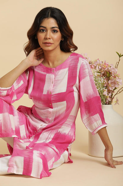 W for Woman Pink & White Abstract Print Kurta